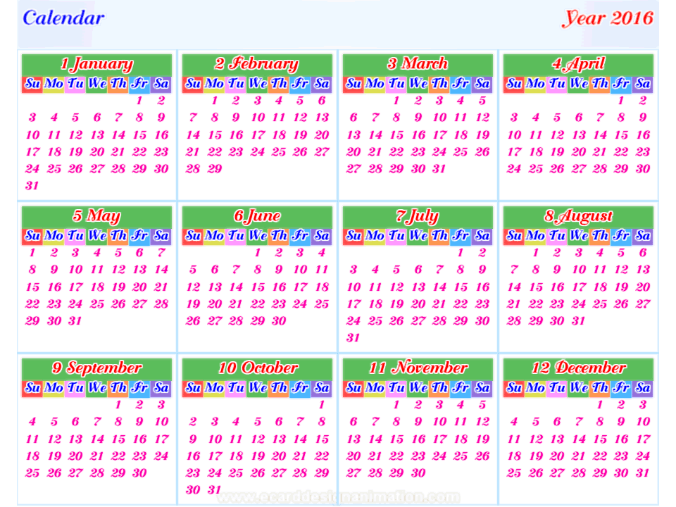 calendar 2016 horizontal