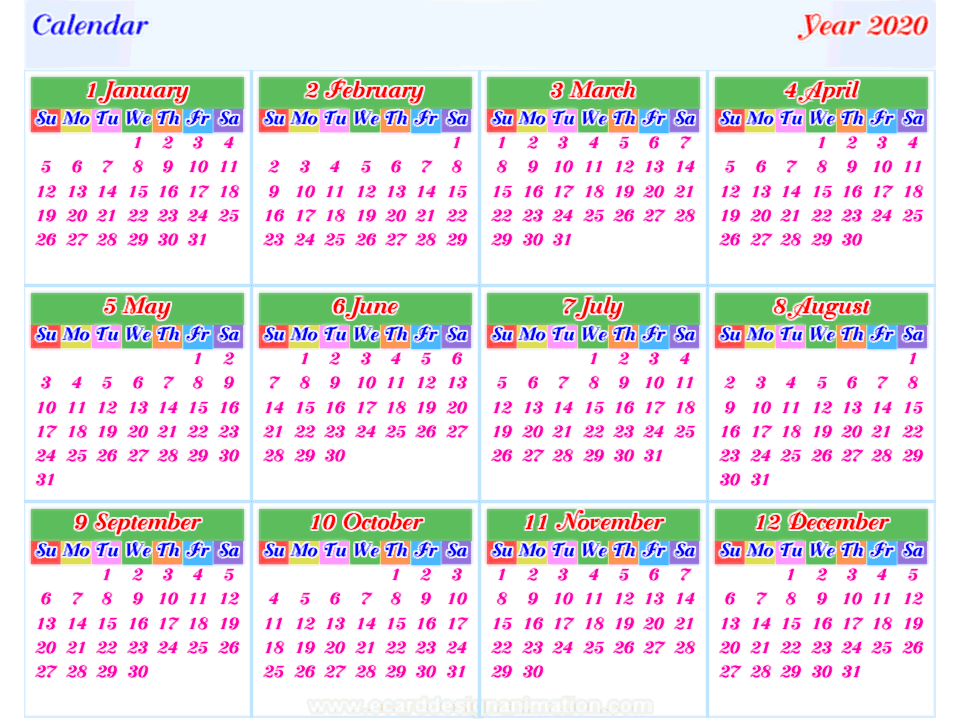 calendar 2020 horizontal