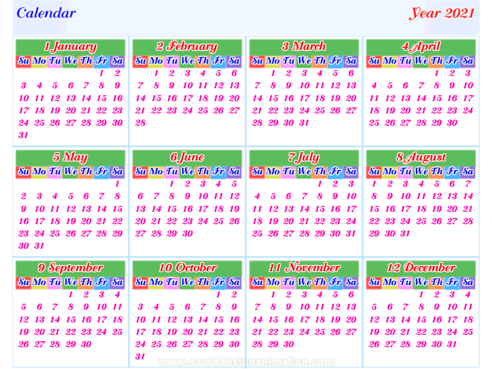 calendar 2021 horizontal
