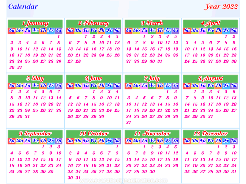 calendar 2022 horizontal