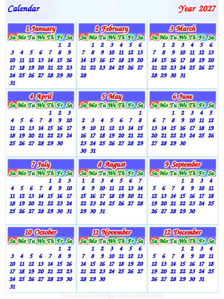 calendar 2027 vertical