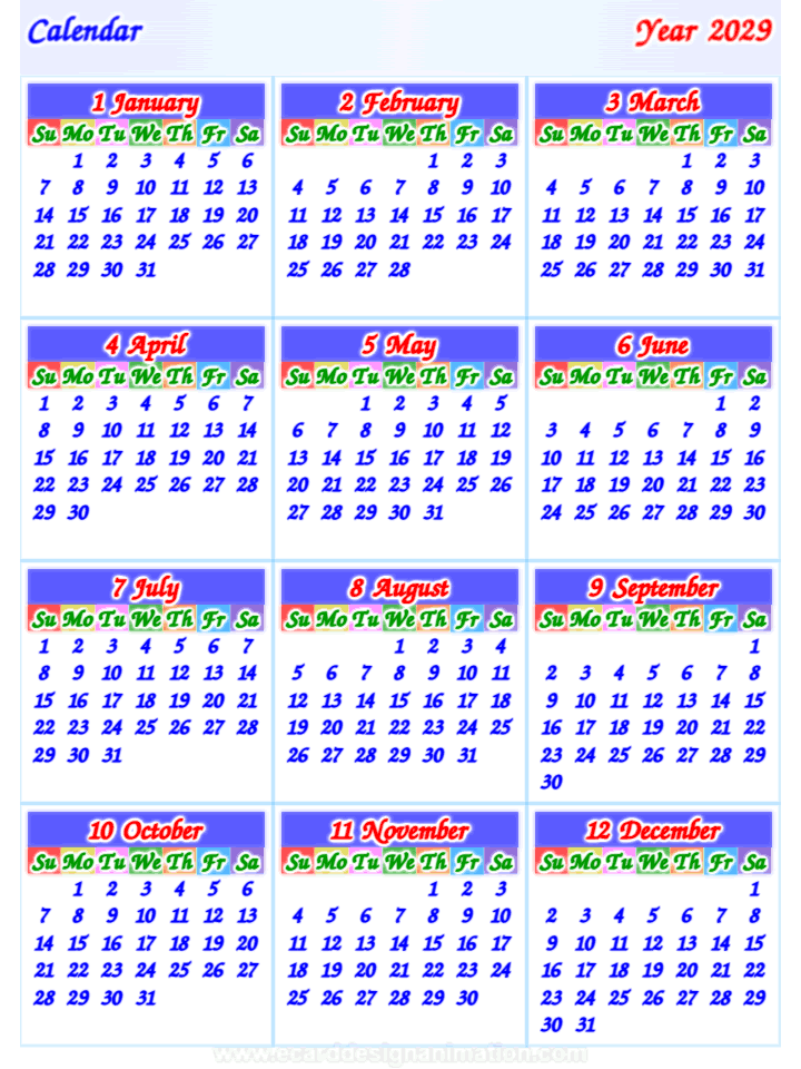 calendar 2029 vertical